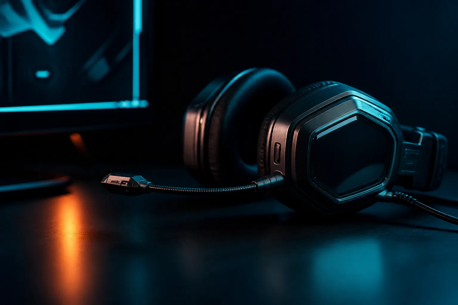 Auriculares gamer y micrófono sobre escritorio oscuro con luz cian / Gaming headset and mic on a dark desk under cyan light