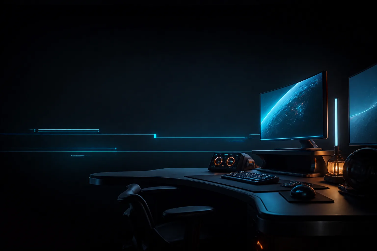 Puesto de gaming iluminado con luz cian en un estudio oscuro / Cyan-lit gaming desk setup in a dark studio