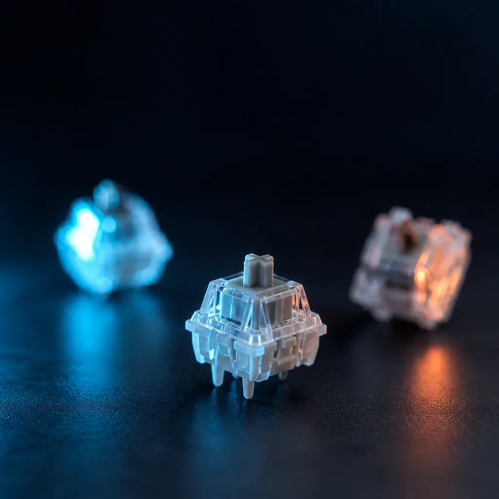 Macro de switches de teclado mecánico con luz cian / Macro of mechanical keyboard switches in cyan light