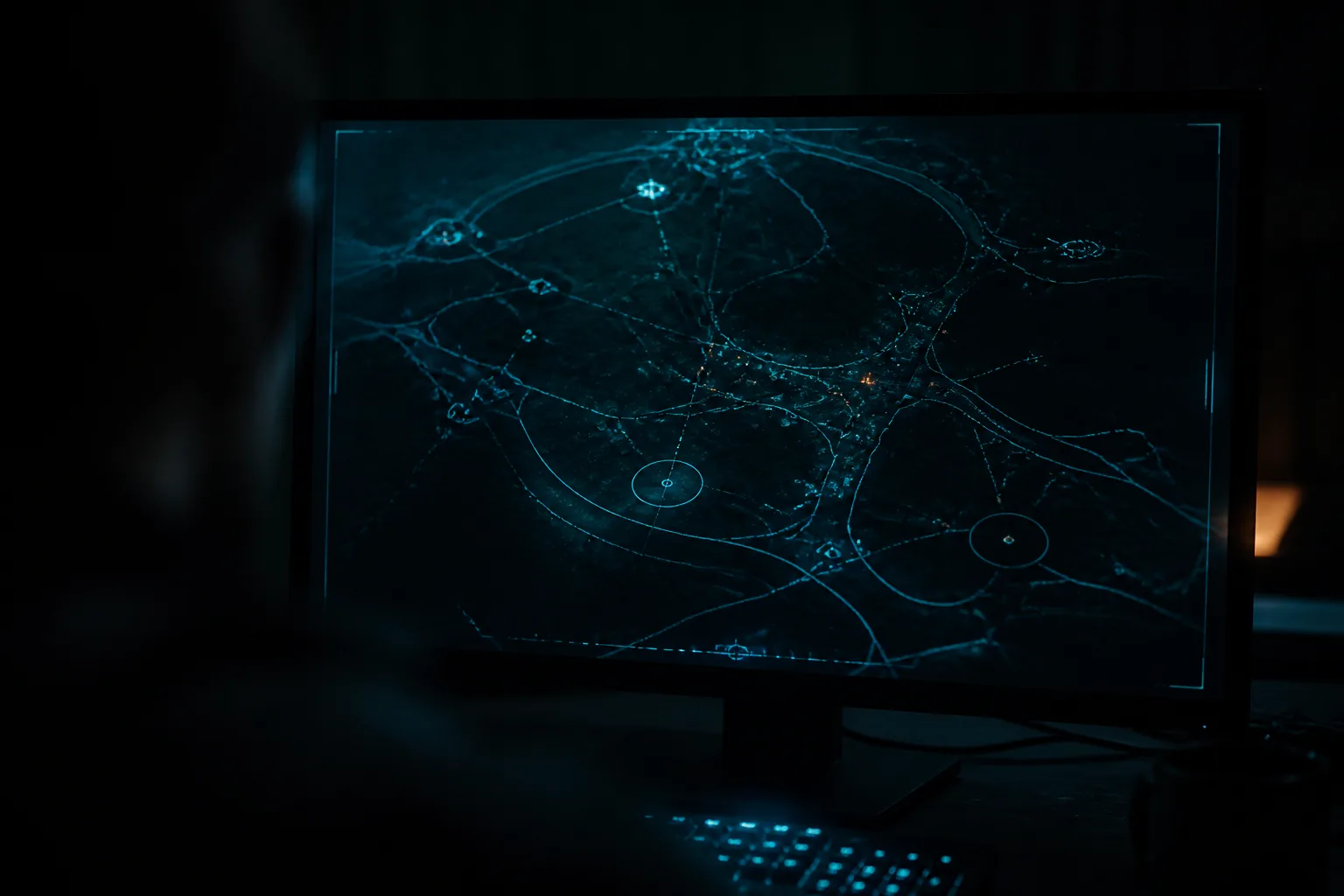 Pantalla con superposición HUD cian para análisis de partidas / Screen with cyan HUD overlay for match analysis