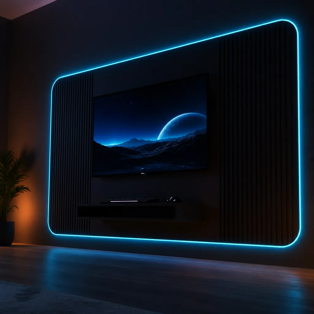 Setup montado en pared con tira LED cian / Wall-mounted setup with cyan LED strip